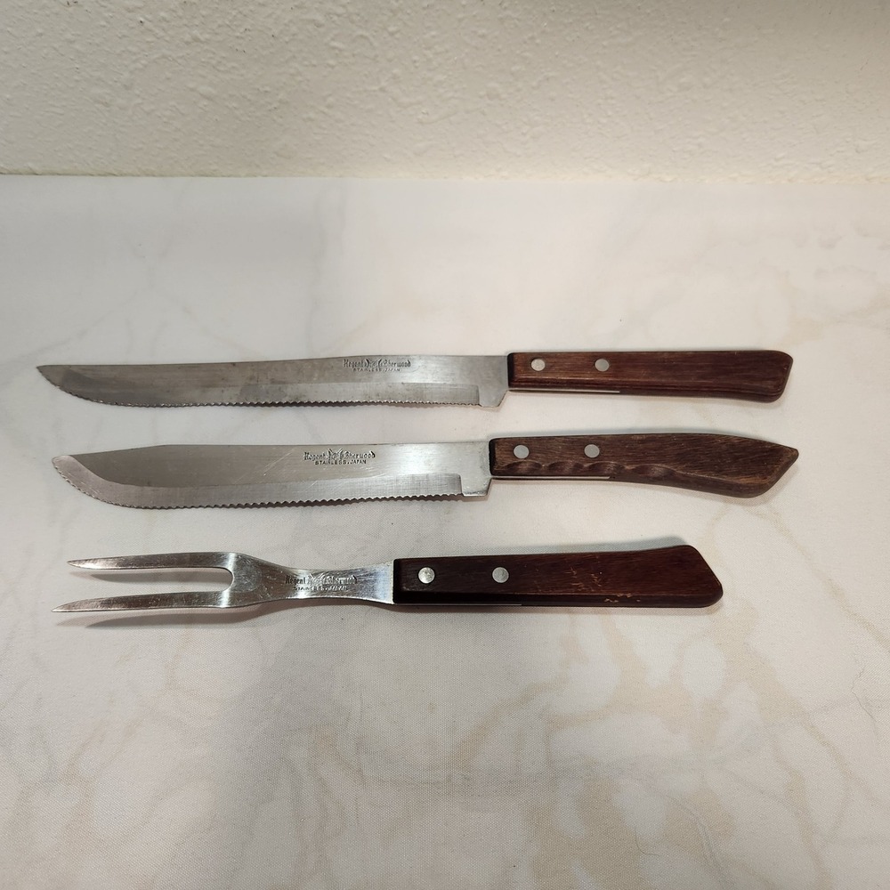Vintage Regent Sherwood Knife‎ Cutlery 3 PC 8" Blade Serrated Wood Handle Steel